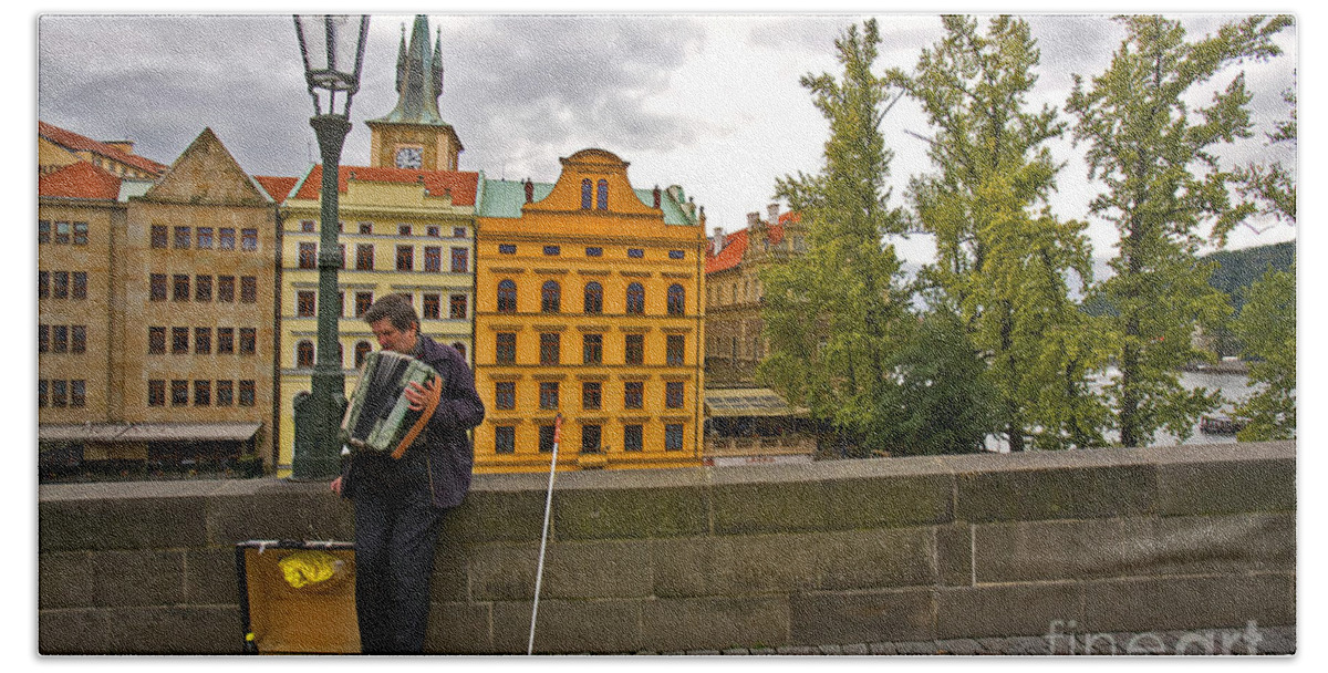 Accordian Player Bath Towel featuring the photograph Prague Accordian Player on Charles Bridge by Madeline Ellis