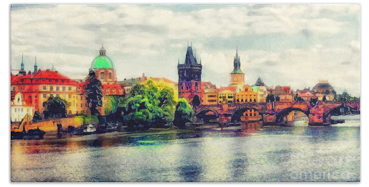 Prague Hand Towel featuring the painting Prague bridge watercolor by Justyna Jaszke JBJart