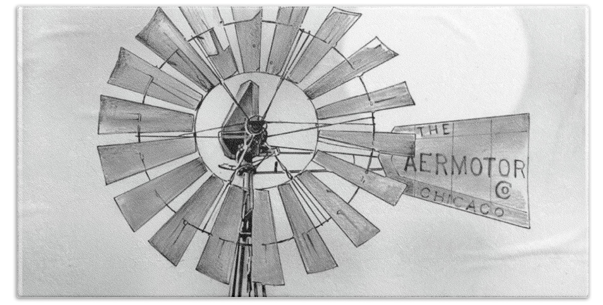 Aermotor Hand Towel featuring the drawing Prairie Sentinel by Greg Joens