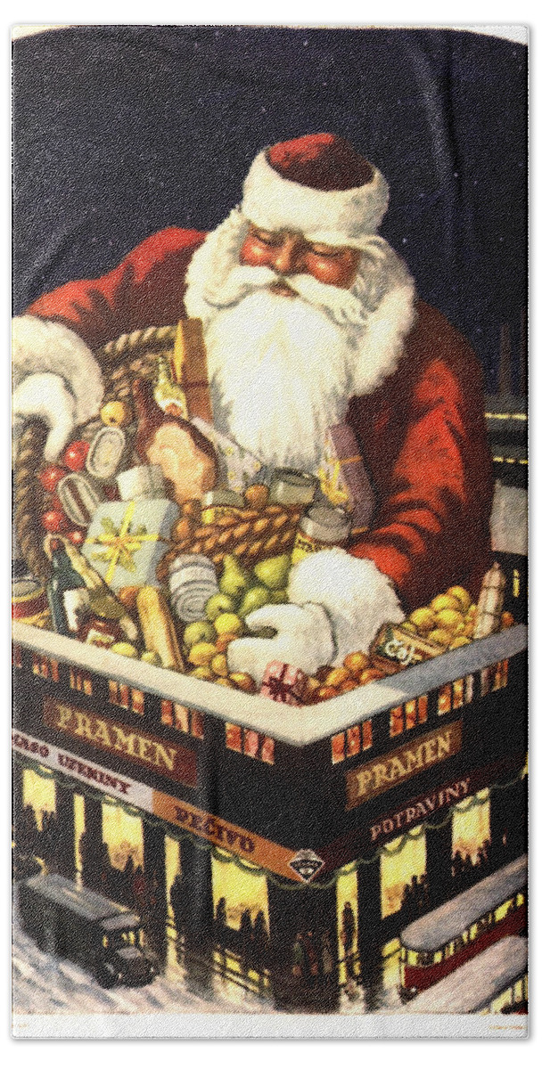 Christmas Hand Towel featuring the mixed media Pramen, Maso Uzeniny - Santa Claus' Gift - Christmas - Vintage Food Advertising Poster by Studio Grafiikka