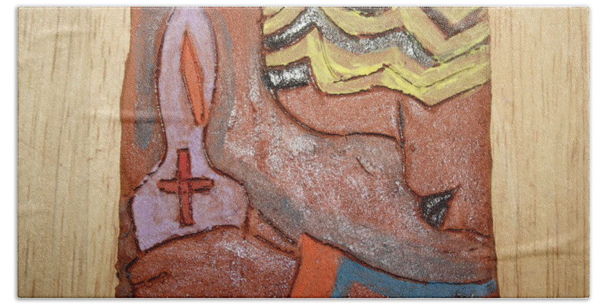 Jesus Bath Towel featuring the ceramic art Prayer 26 - Tile by Gloria Ssali