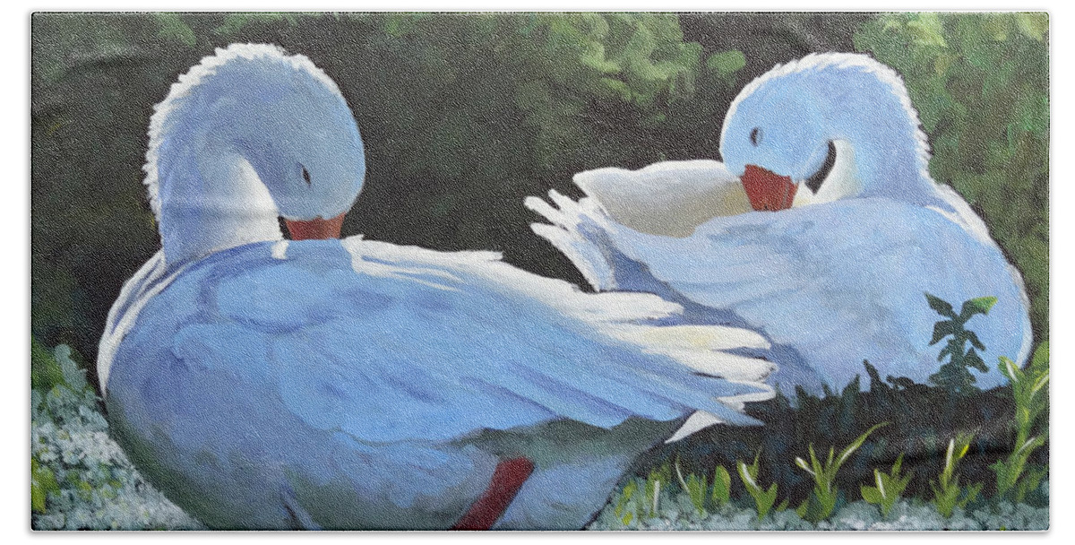 Goose Bath Towel featuring the painting Preening by Ande Hall