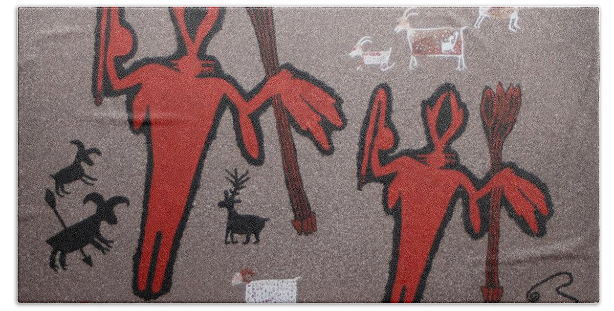 Prehistoric Hunter Bath Towel featuring the painting Prehistoric Hunters by Ralph Root