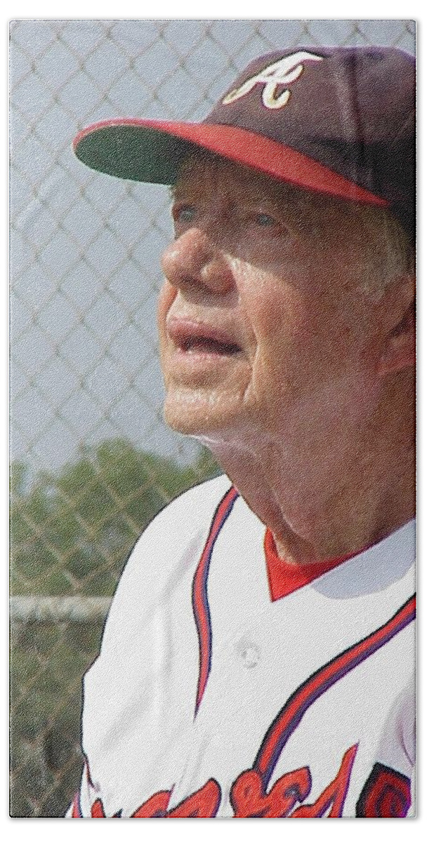 President Jimmy Carter Hand Towel featuring the photograph President Jimmy Carter - Atlanta Braves Jersey and Cap by Jerry Battle