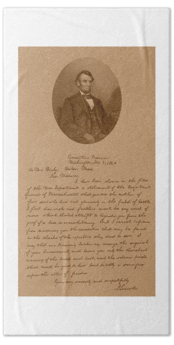 Bixby Letter Bath Towel featuring the mixed media President Lincoln's Letter To Mrs. Bixby by War Is Hell Store