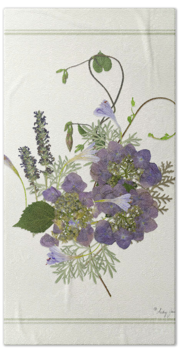 Morning Glory Hand Towel featuring the painting Pressed Dried Flower Painting - Blue Hydrangeas Morning Glory Lavender Ferns by Audrey Jeanne Roberts
