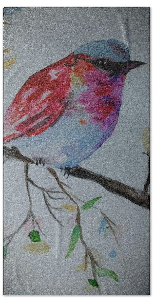 Finch Hand Towel featuring the painting Pretty little Finch by Stacie Siemsen