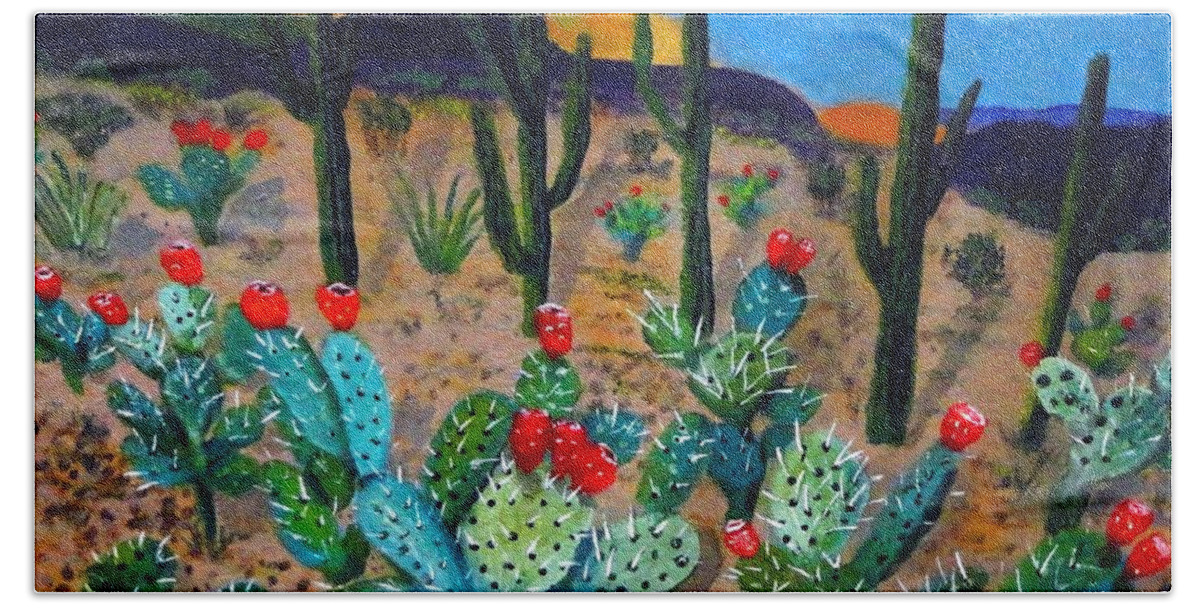 Tucson Hand Towel featuring the painting Prickly pear cactus Tucson by Anne Sands