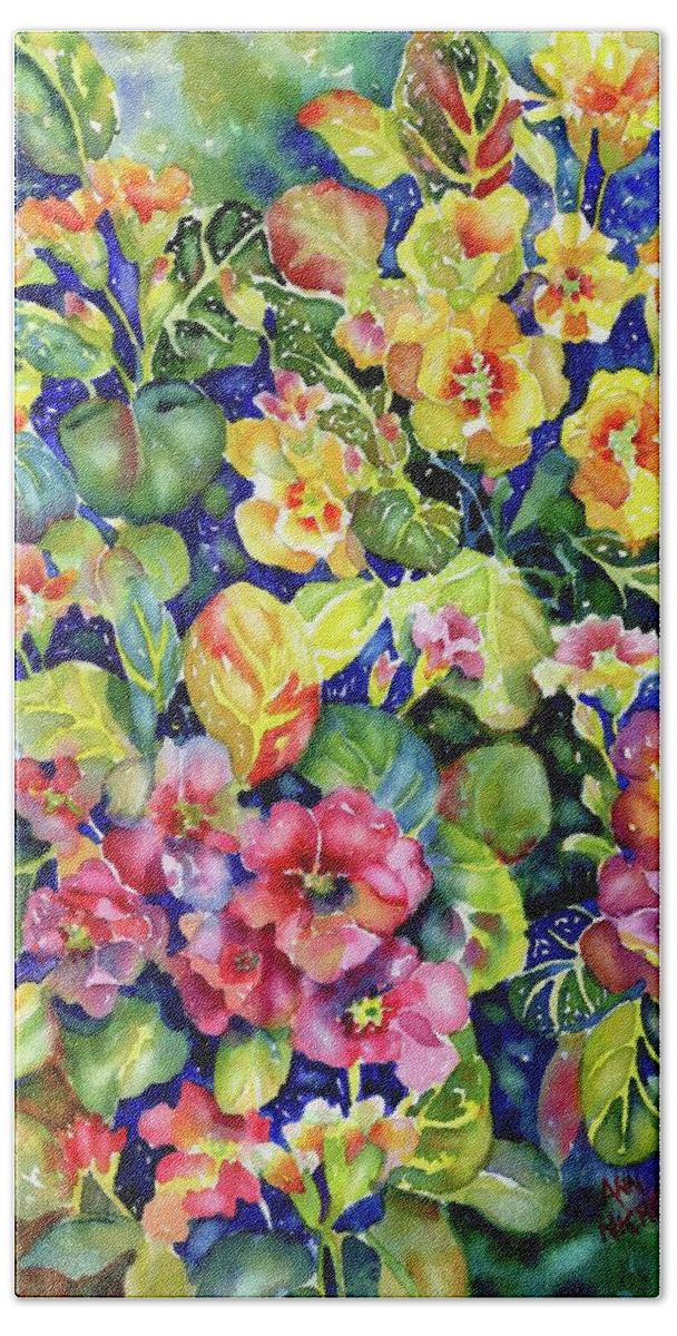 Watercolor Bath Towel featuring the painting Primrose Patch I by Ann Nicholson
