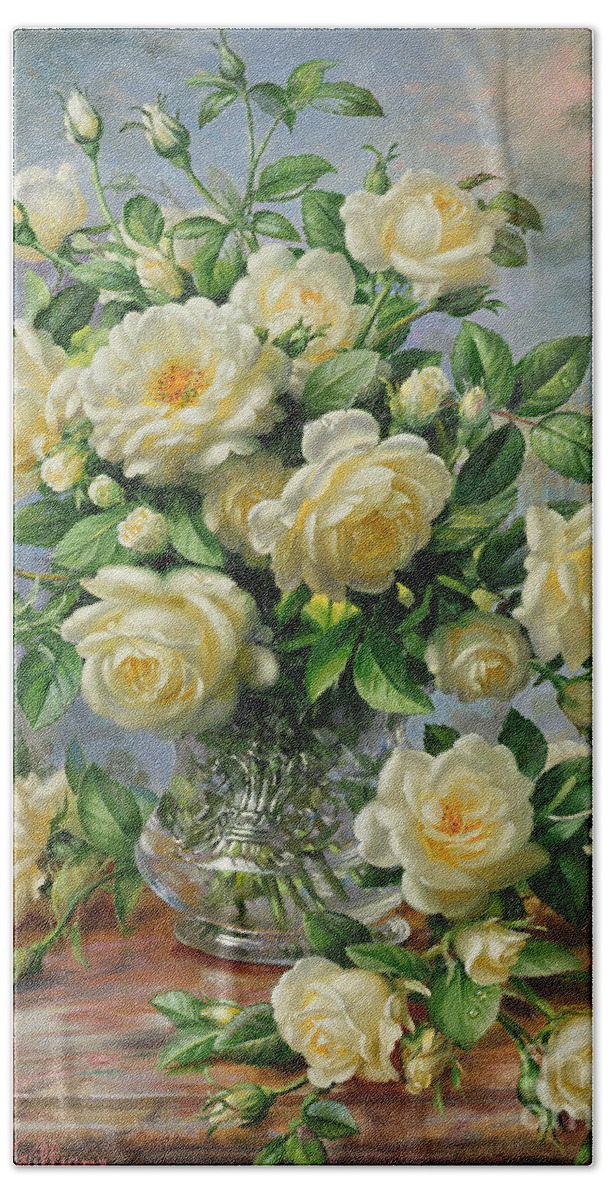 In Honour Of Lady Diana Spencer (1961-97); Still Life; Flower; Rose; Arrangement; Princess Of Wales (1981-96); Homage; Yellow; Flowers; Leafs Hand Towel featuring the painting Princess Diana Roses in a Cut Glass Vase by Albert Williams