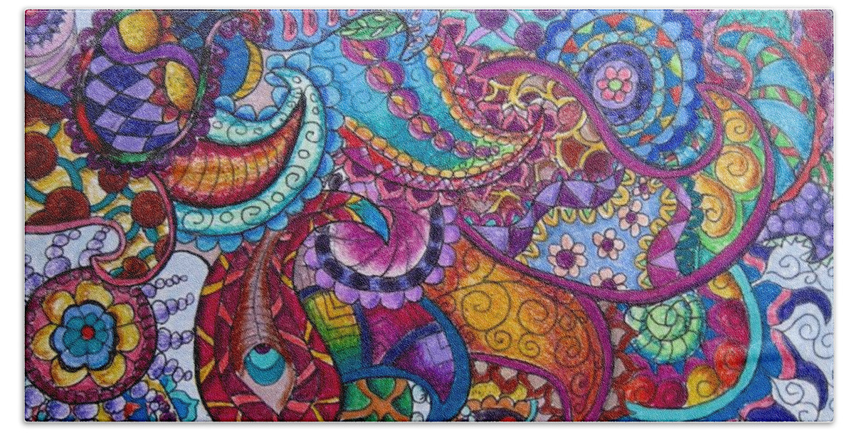 Abstract Hand Towel featuring the drawing Psychedelic paisley by Megan Walsh