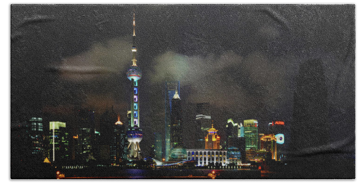 Shanghai Bath Towel featuring the photograph Pudong at Night by Jason Chu