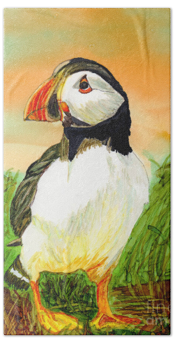 Puffin Bath Towel featuring the painting Puffin Cutie by Eunice Warfel