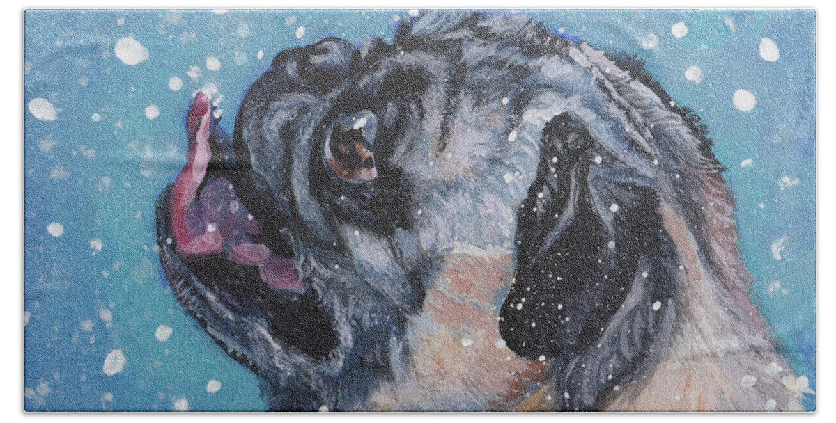 Pug Bath Towel featuring the painting Pug in the Snow by Lee Ann Shepard