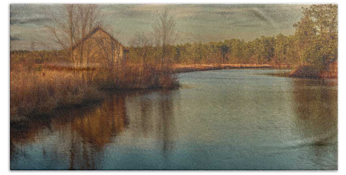 Franklin Parker Preserve Bath Towel featuring the photograph Pump House on the Mullica River by Louis Dallara
