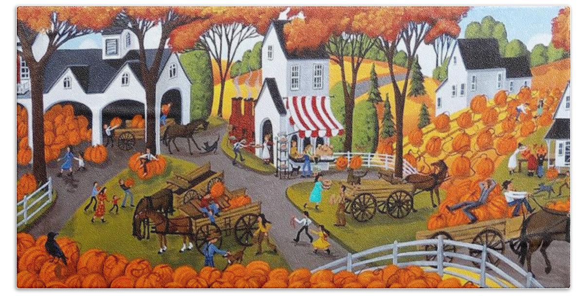 Folk Art Bath Towel featuring the painting Pumpkin Festival - folk art landscape by Debbie Criswell