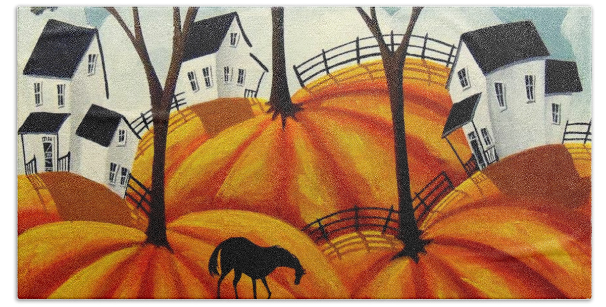 Folk Art Hand Towel featuring the painting Pumpkin Firelds - abstract folk art by Debbie Criswell