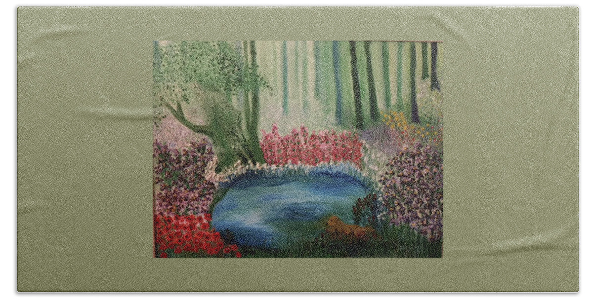 Puppy Bath Towel featuring the painting Puppy and Flowers in a Pond by Susan Grunin