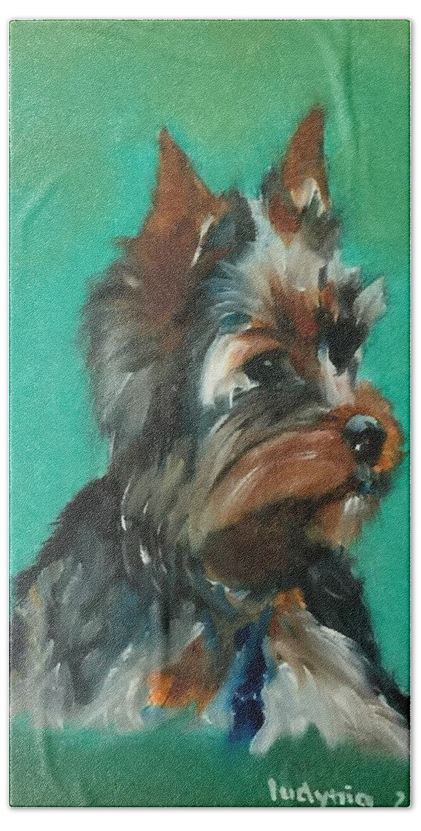 Puppy Bath Towel featuring the painting Puppy B by Ryszard Ludynia