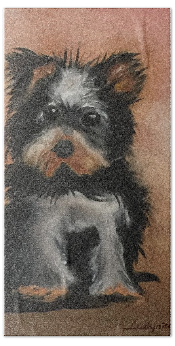 Puppy Bath Towel featuring the painting Puppy E by Ryszard Ludynia