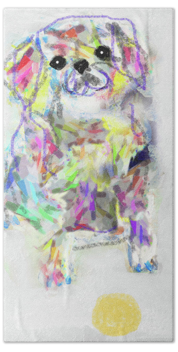 Neon Bath Towel featuring the painting Puppy with ball by Claudia Schoen