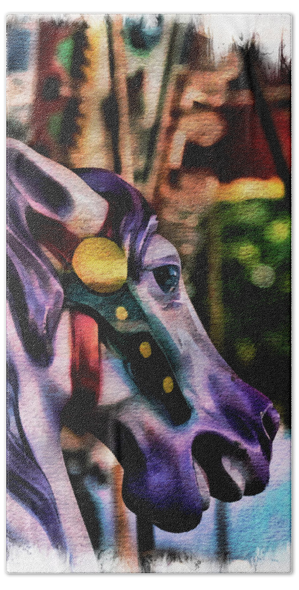 Carousel Bath Towel featuring the photograph Purple Carousel Horse by Norma Warden