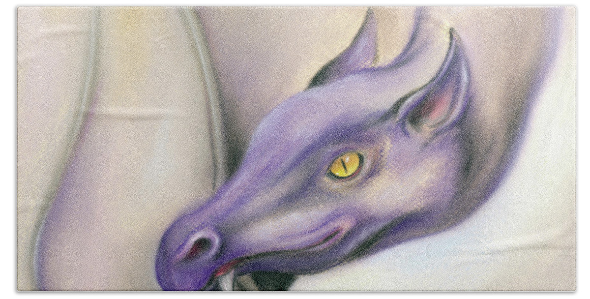 Mythical Creature Hand Towel featuring the painting Purple Dragon on the Wing by MM Anderson