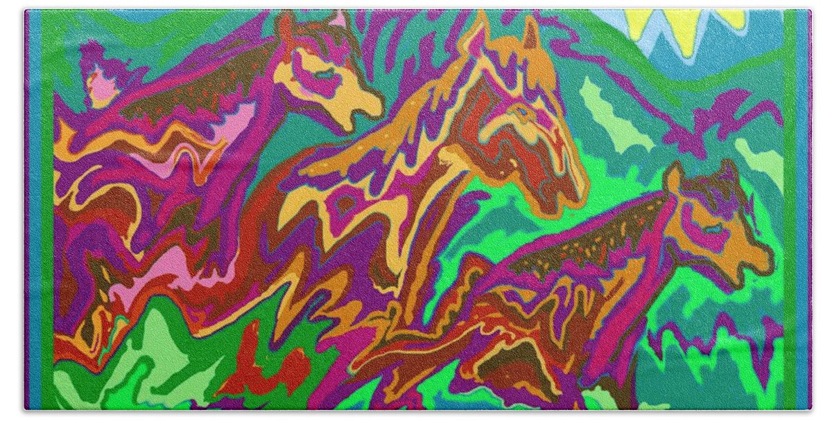 Purple Bath Towel featuring the digital art Purple Feathered Horses by Julia Woodman
