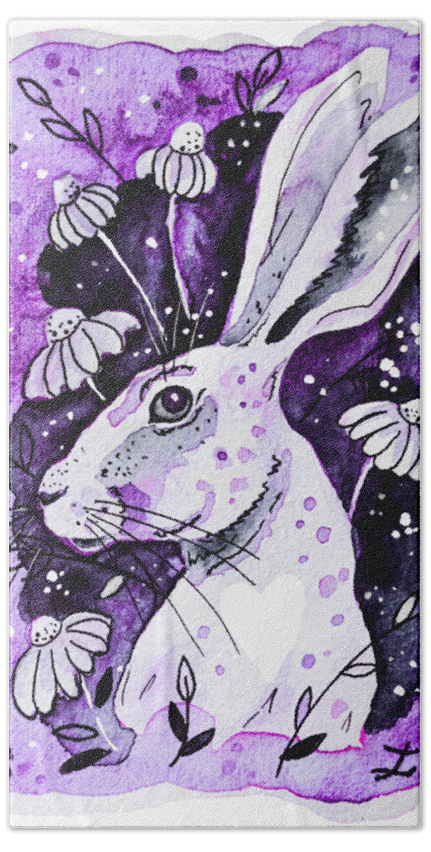 Hare Bath Towel featuring the painting Purple Hare by Zaira Dzhaubaeva