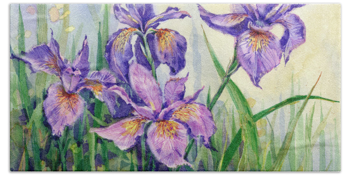 Clematis Hand Towel featuring the painting Purple Iris by Garden Gate