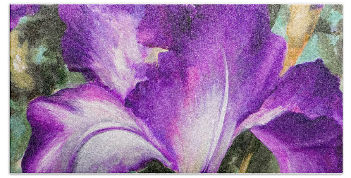Purple Hand Towel featuring the painting Purple Iris by Vali Irina Ciobanu