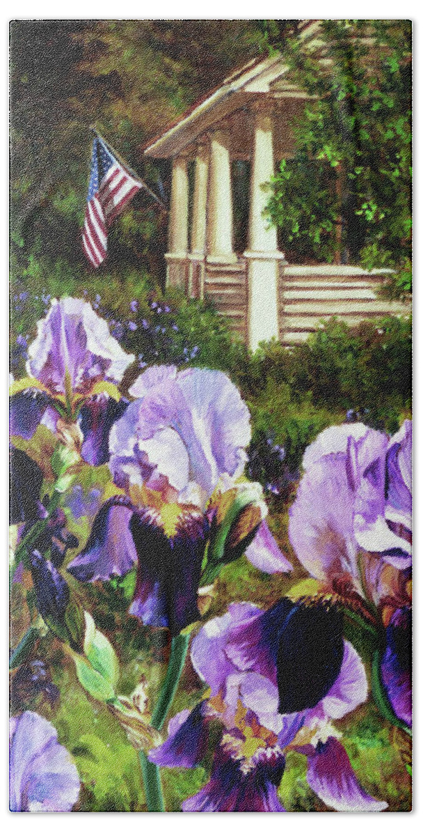 Iris Hand Towel featuring the painting Purple Irises by Marie Witte