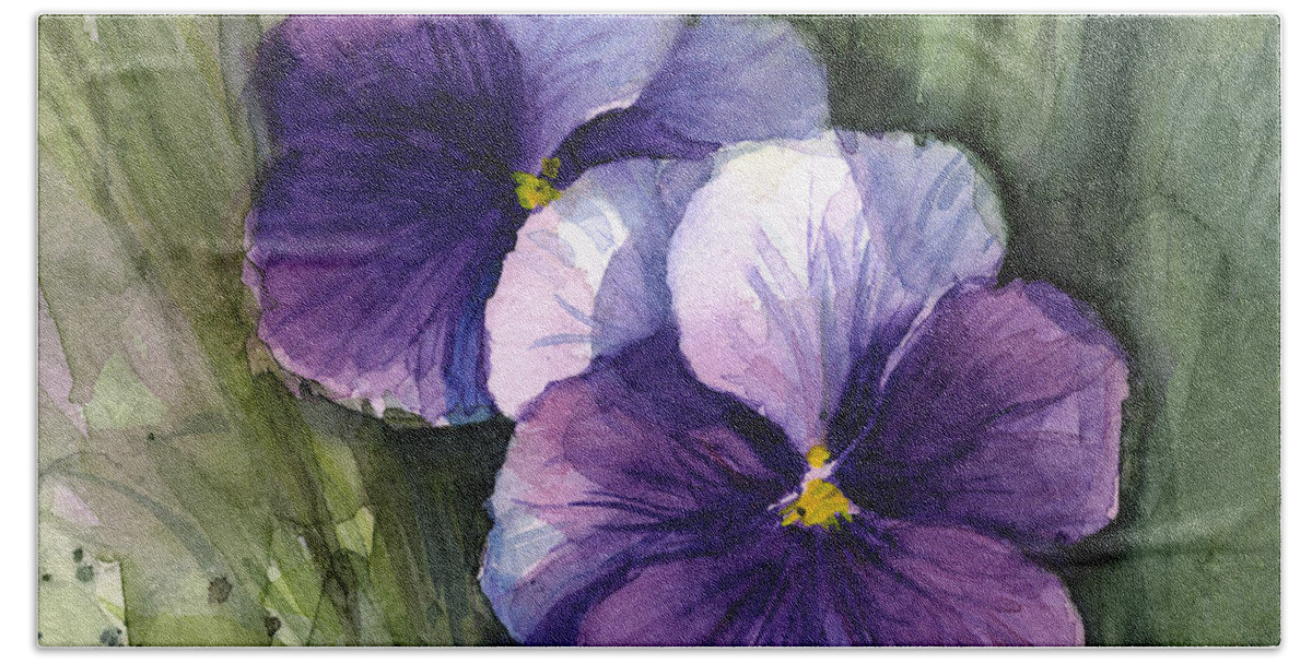 Pansy Hand Towel featuring the painting Purple Pansies Watercolor by Olga Shvartsur