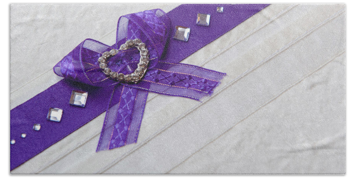 Heart Hand Towel featuring the photograph Purple Ribbon Heart by Helen Jackson