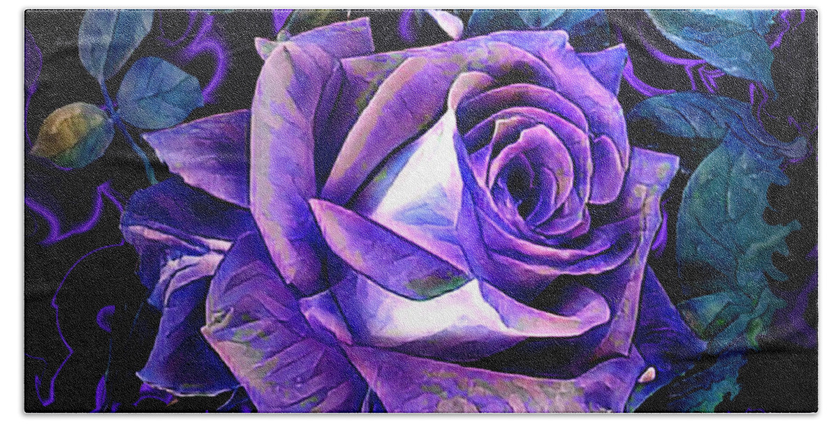 Digital Art Bath Towel featuring the digital art Purple Rose Bud Painting by Artful Oasis