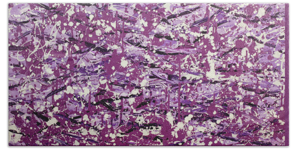 Jackson Pollack Bath Towel featuring the painting Purple Splatter by Thomas Blood