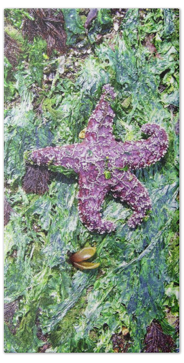 Starfish Bath Towel featuring the photograph Purple Starfish on Emerald Seaweed by Julie Rauscher