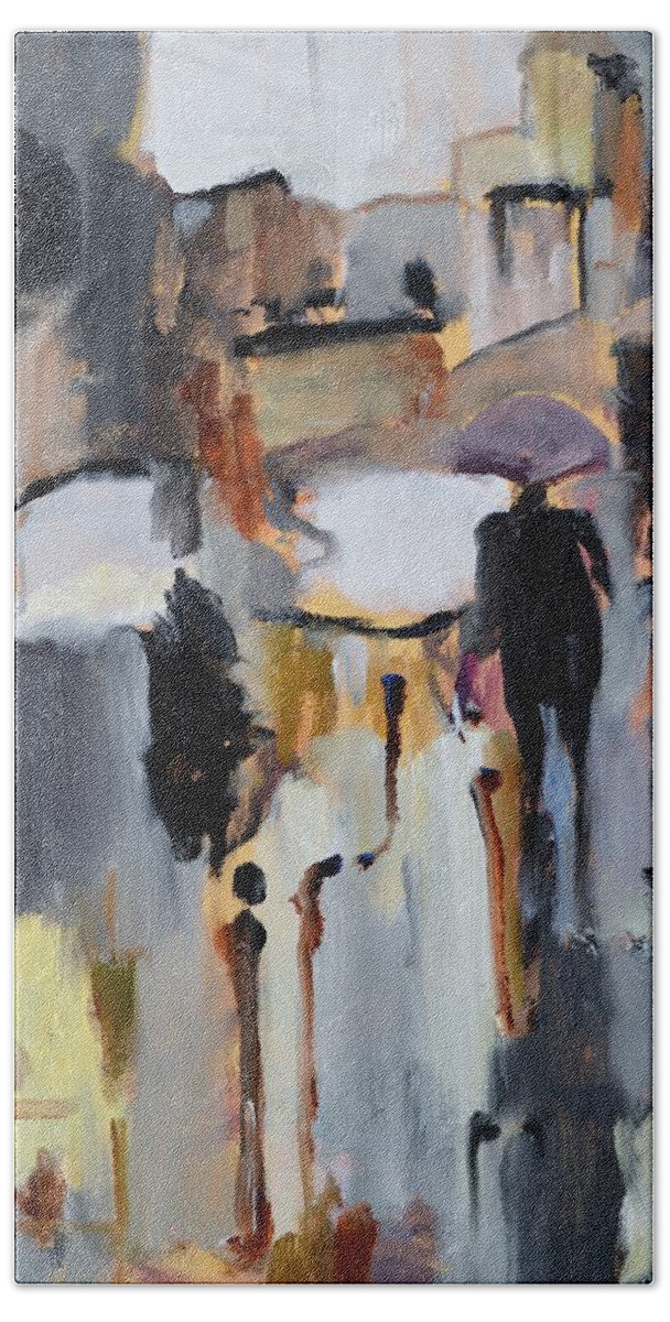 Rain Bath Towel featuring the painting Purple Umbrella by Donna Tuten