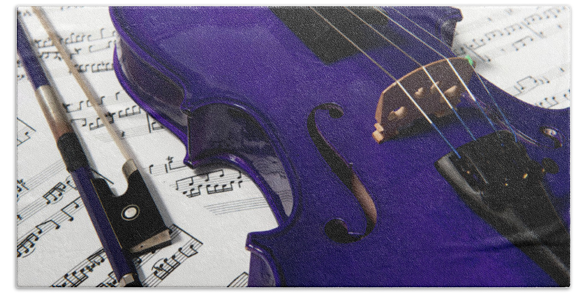 Helen Northcott Bath Towel featuring the photograph Purple Violin and Music v by Helen Jackson