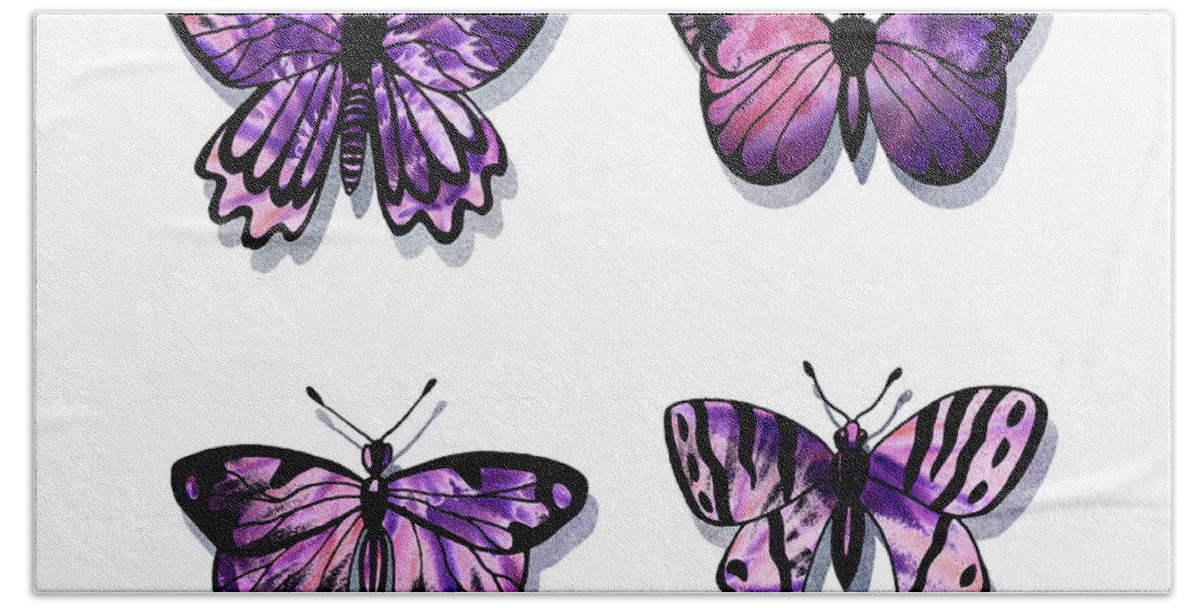 Purple Bath Towel featuring the painting Purple Watercolor Butterflies Collection III by Irina Sztukowski