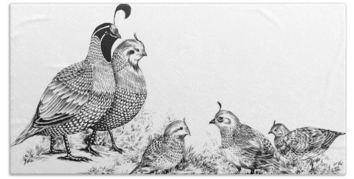 Quail Bath Towel featuring the drawing Quail Family Outing by Alice Chen