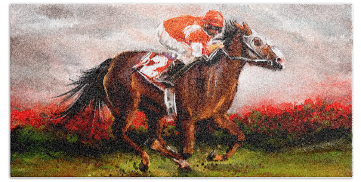 Horse Racing Bath Towel featuring the painting Quest For The Win - Horse Racing Art by Lourry Legarde