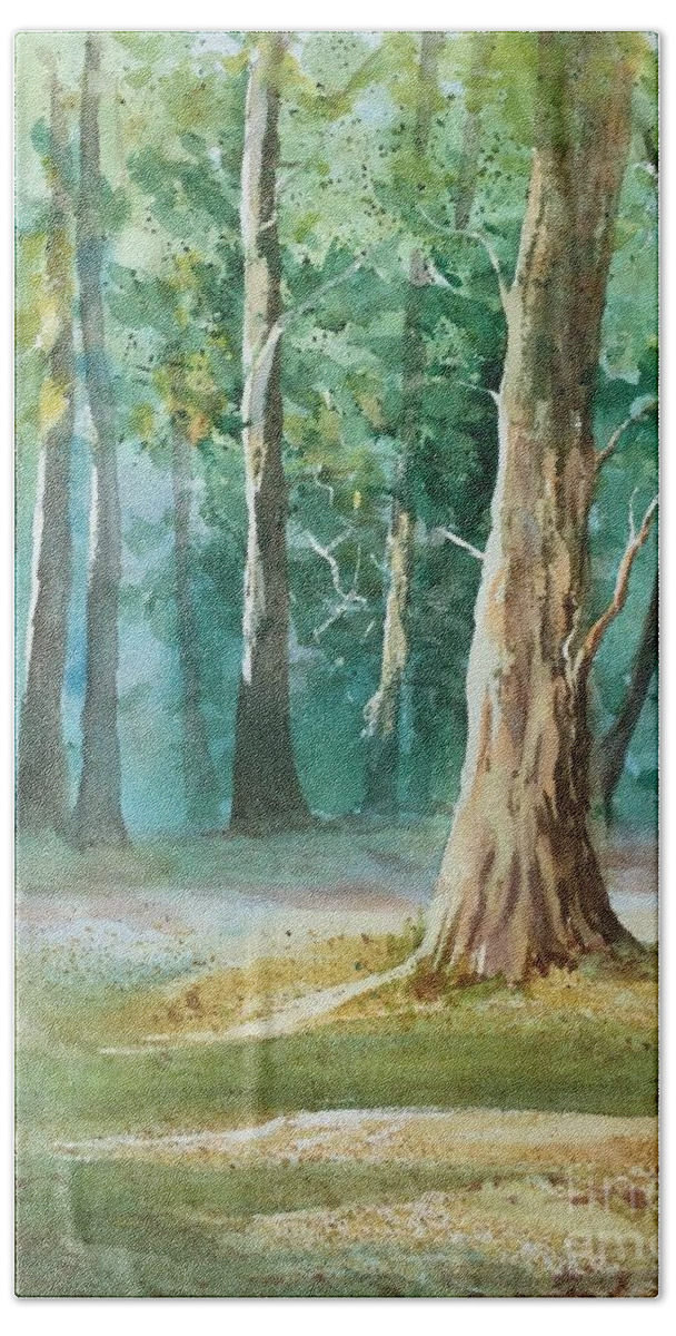 Watercolor Painting Of A Forest. Bath Towel featuring the painting Quiet Forest by Watercolor Meditations
