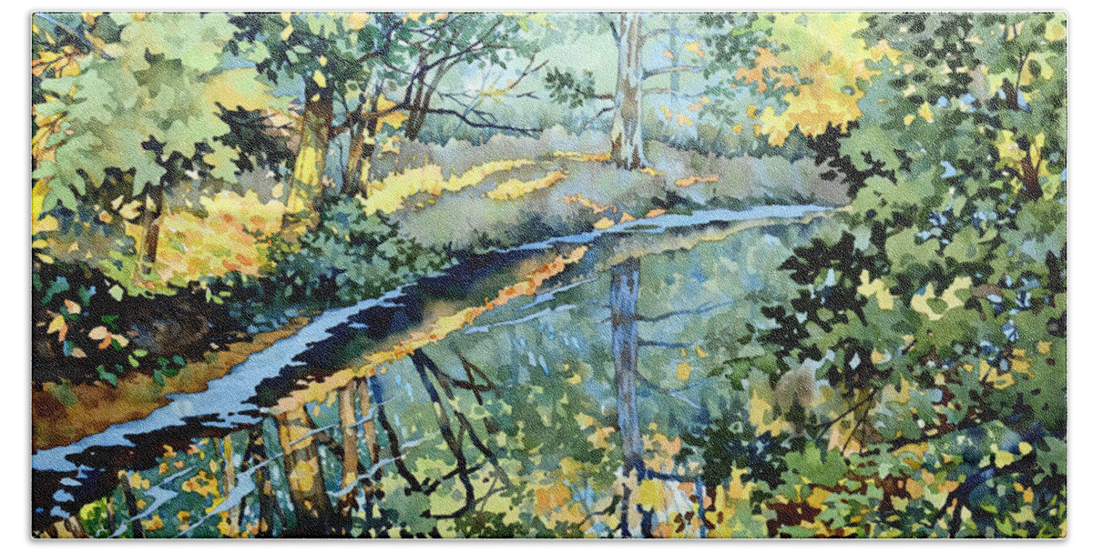 Nature Bath Towel featuring the painting Quiet Stream near Milk House by Mick Williams