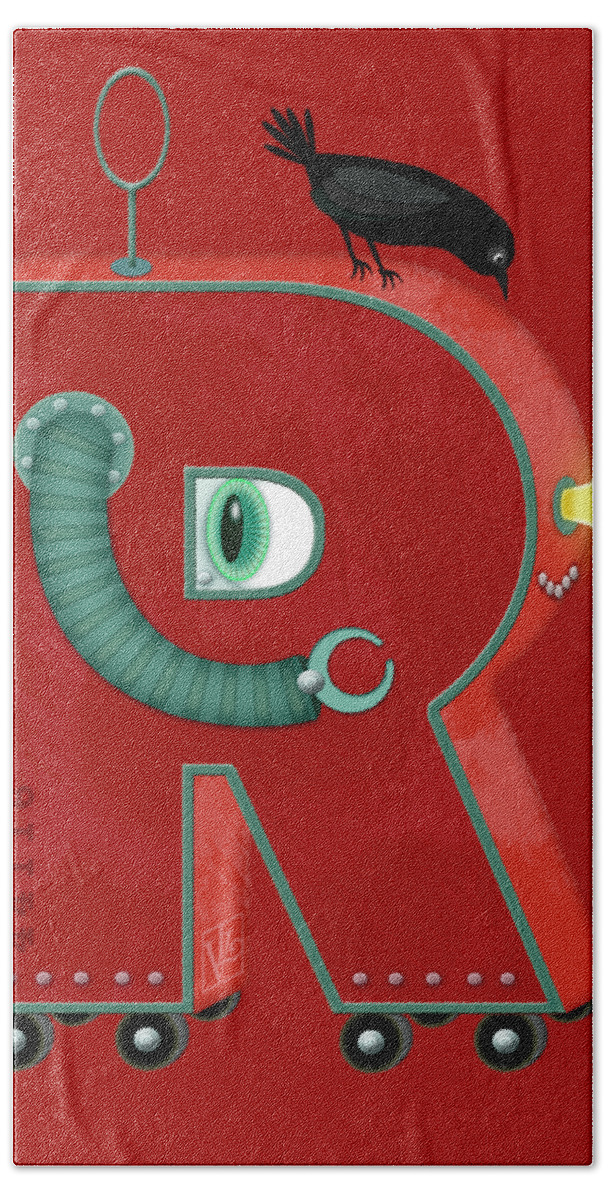 R Is For Robot Hand Towel featuring the digital art R is for Robot by Valerie Drake Lesiak