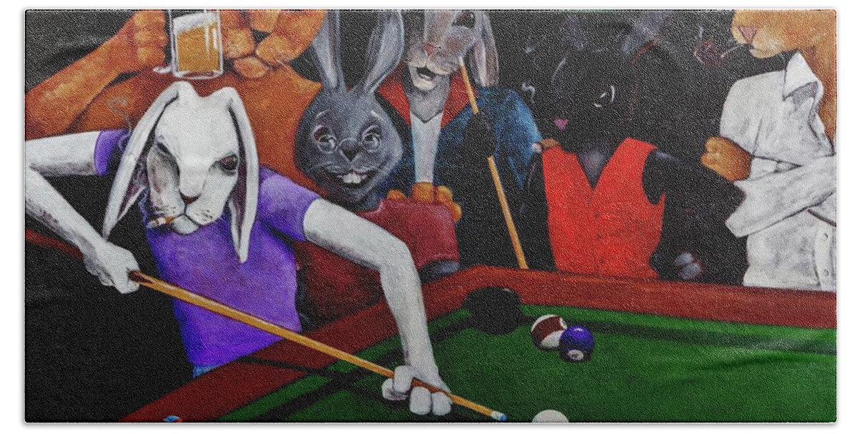 Rabbits Playing Pool Hand Towel featuring the painting Rabbit Games by Jason Reinhardt