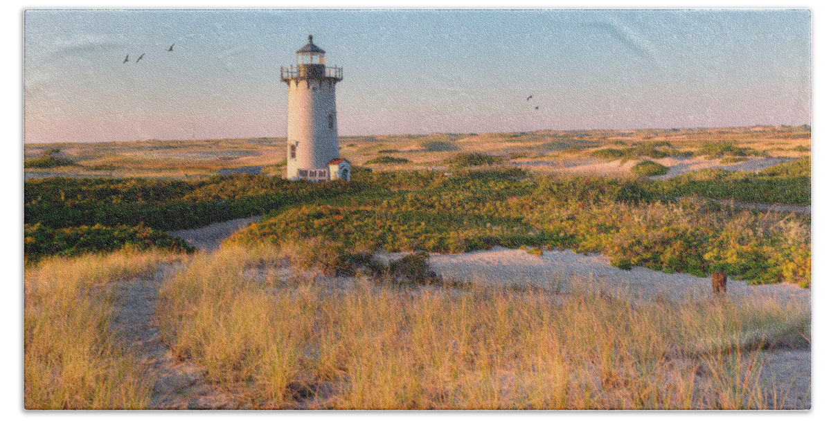 Race Point Light Hand Towel featuring the photograph Race Point Light Sand Dunes by Bill Wakeley