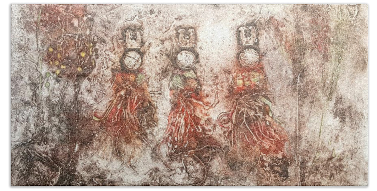 African Women Bath Towel featuring the painting Rain Dance by Ilona Petzer
