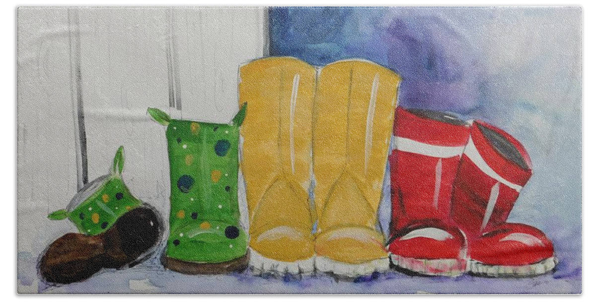 Boots Bath Towel featuring the painting Rainboots by Terri Einer
