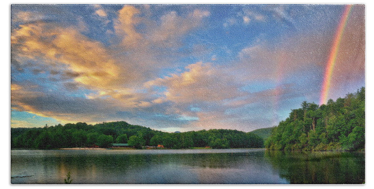 Rainbow Hand Towel featuring the photograph Rainbow at Linville Land Harbor by Steve Hurt
